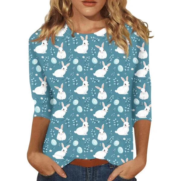 Women's Casual Round Neck Easter Egg Print Three-quarter Sleeve T-shirt Top - Image 3