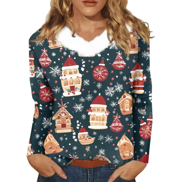 Women's Loose Casual Long Sleeved Christmas Printed Plush Collar V Neck Top, - Image 2