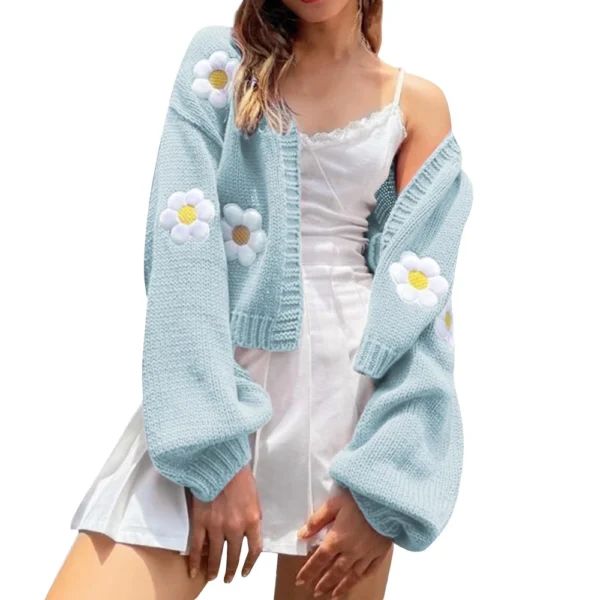 Women's Floral Sweater Loose Short Knit Cardigan - Image 14