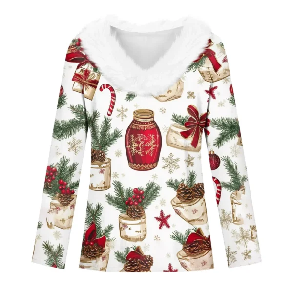 Women's Party Long Sleeve Shirt T Shirt V Neck Christmas Fleece Collar Top - Image 11