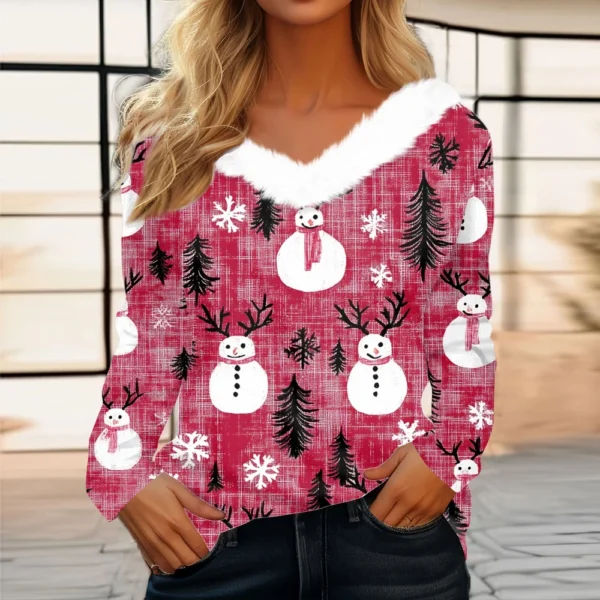 Women's Long Sleeve Christmas Printed Party Plush Neck Wide Casual V-Neck Top - Image 19