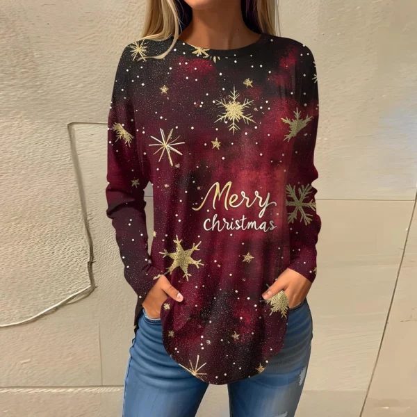 Women's Print Round Neck Christmas Loose T-Shirt Pullover Long Sleeve Top - Image 19
