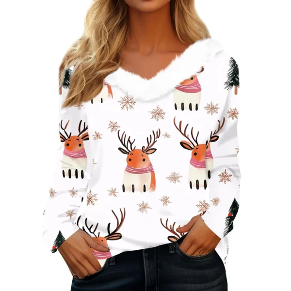 Women's Long Sleeve Christmas Printed Party Plush Neck Wide Casual V-Neck Top - Image 4