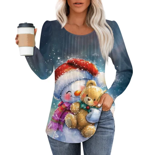 Women's Printed Christmas Top Round Neck Casual Pleated Long Sleeved T-Shirt - Image 35