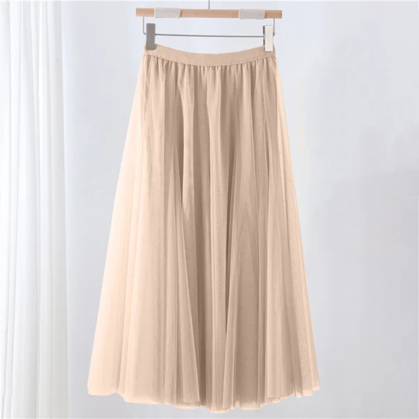 Women's Solid Color Mesh Skirt With Elastic Band Large Swing Mid Length Skirt - Image 13