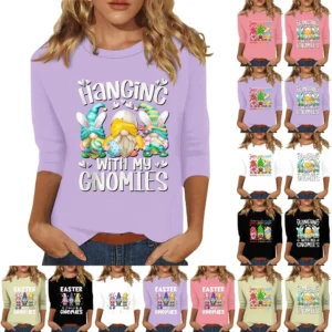 Women's Plus Size Tops Easter Fashion 3/4 Sleeve Casual Basic Printed Pullover