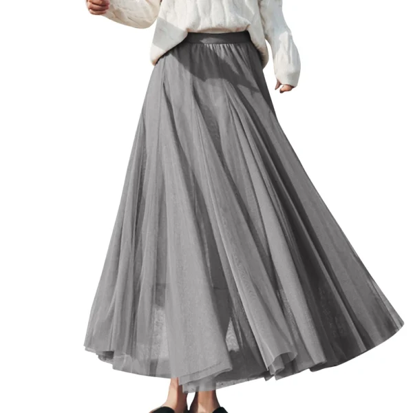 Women's Solid Color Mesh Skirt With Elastic Band Large Swing Mid Length Skirt - Image 26