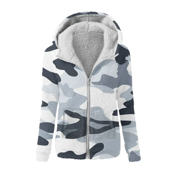 Women's Winter Camouflage Print Casual Fashion Plush Hooded Zipper Sweater - Image 38