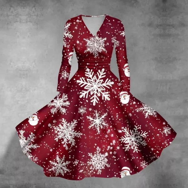 Women's Casual V-Neck Slim Fashion Christmas Long Sleeve Printed Dresses - Image 52