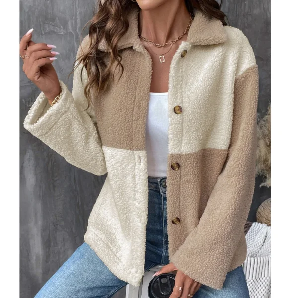 Women's Loose Casual Color Blocked Single Breasted Lapel Long Sleeved Jacket - Image 7