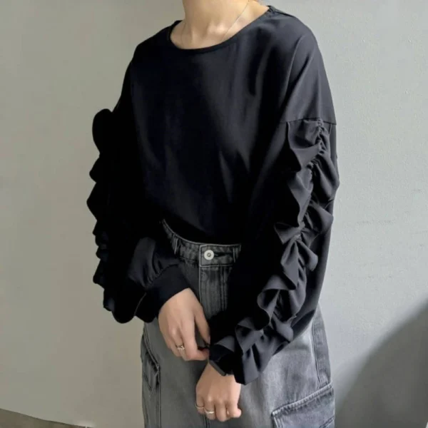 Crew neck solid color loose casual long-sleeved women's top - Image 4