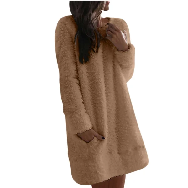 Women's Fuzzy Fleece Solid Color Dress Loose Fit Casual Round Neck Long Sleeve - Image 17