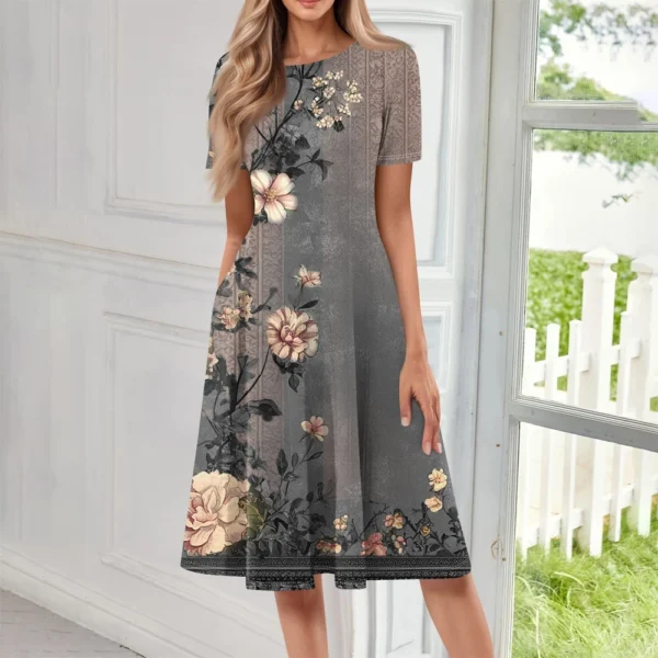 Women's Loose Casual And Fashionable Round Neck Short Sleeved Printed Mid - Image 22