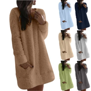 Women's Fuzzy Fleece Solid Color Dress Loose Fit Casual Round Neck Long Sleeve