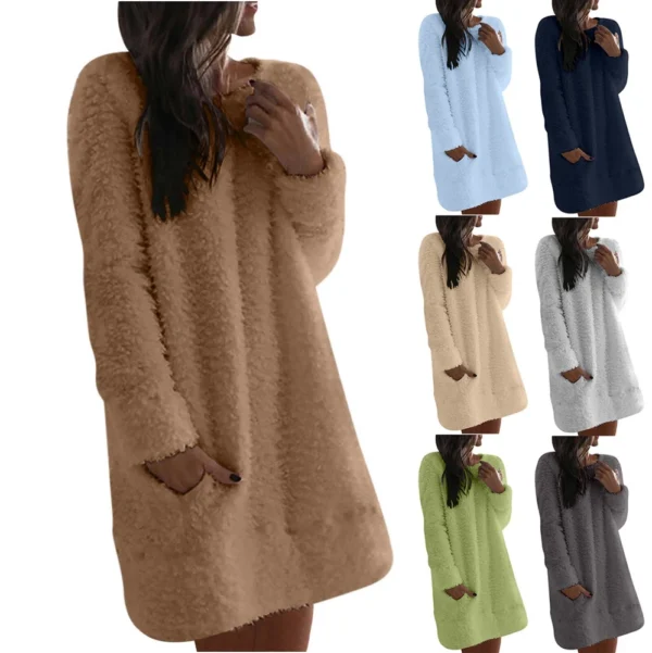 Women's Fuzzy Fleece Solid Color Dress Loose Fit Casual Round Neck Long Sleeve