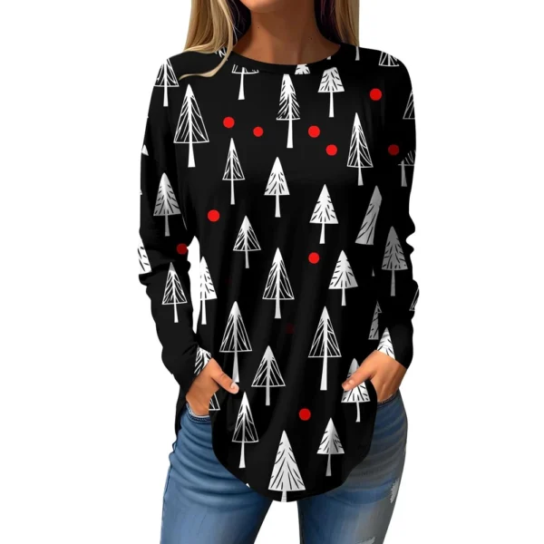 Women's Print Round Neck Christmas Loose T-Shirt Pullover Long Sleeve Top - Image 6