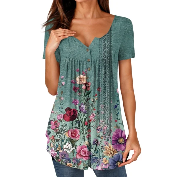 Women Tunic Tops Dressy Casual Summer Short Sleeve Shirts Loose Fit Pleated - Image 11