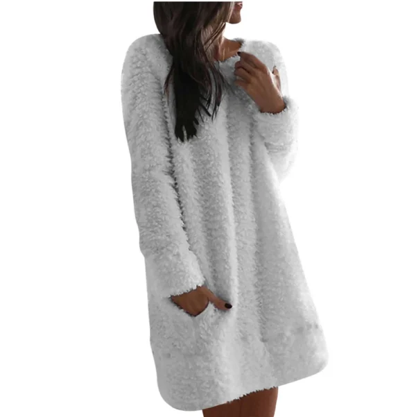 Women's Fuzzy Fleece Solid Color Dress Loose Fit Casual Round Neck Long Sleeve - Image 29