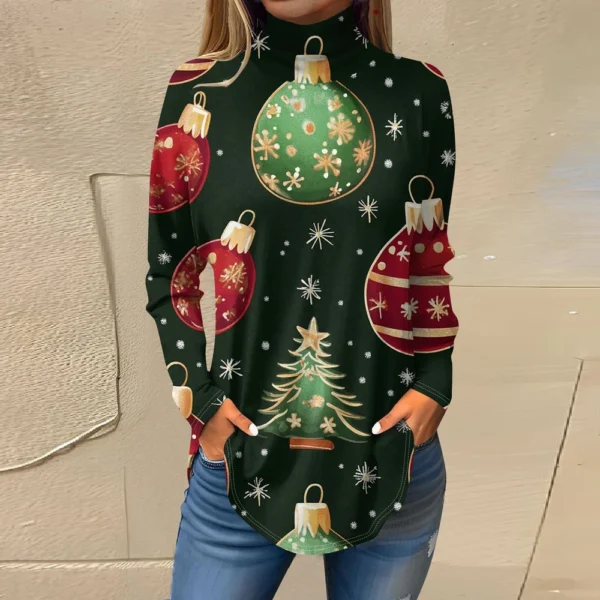 Women's Printed Christmas High Neck Pullover Long Sleeve Casual Fashion T-Shirt - Image 19