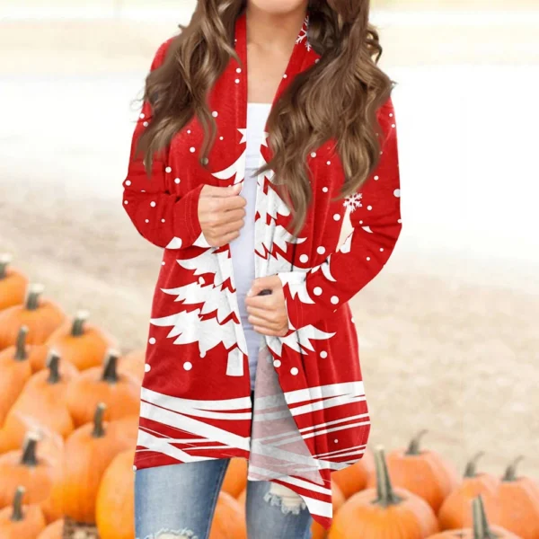 Women's Printed Cardigan Christmas Jacket Fashion Casual Medium Length Coat - Image 25