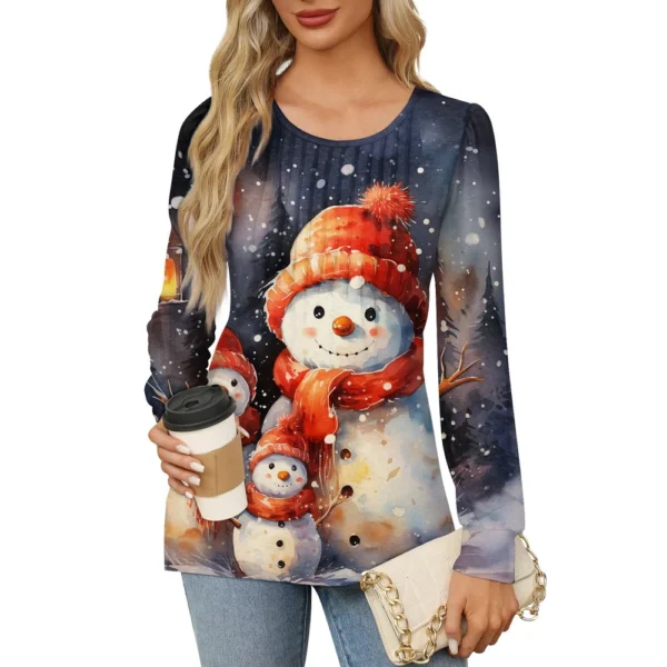 Women's Printed Christmas Top Round Neck Casual Pleated Long Sleeved T-Shirt - Image 25