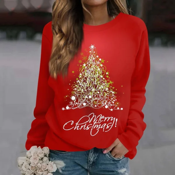 Women's Long Sleeve Print O-Neck Christmas Blouse Fashion Casual Pullover Top - Image 31