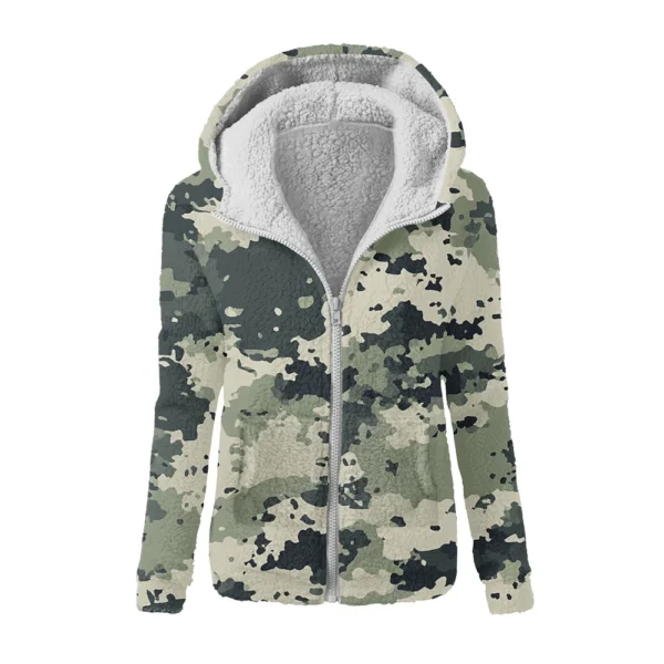 Women's Winter Camouflage Print Casual Fashion Plush Hooded Zipper Sweater - Image 10