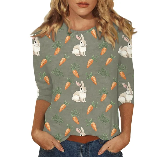 Women's Printed Easter Basic Tops Casual 3/4 Sleeve Fashion Plus Size Pullover - Image 9