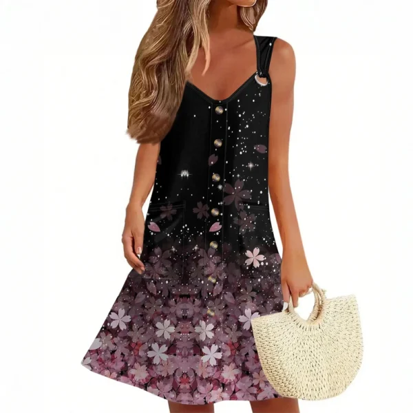 Women's Summer Dress With Pocket Sleeveless Floral Print Sundress - Image 3