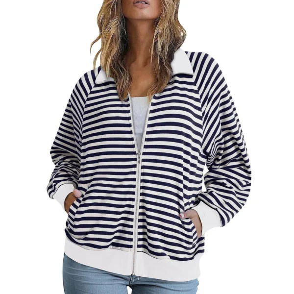 Women's Loose Casual Striped Lapel Cardigan Pocket Long Sleeved Jacket fall - Image 20