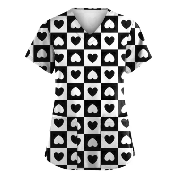 Women's Valentine's Day Printed  Uniform Work Uniform V-Neck Pocket Protective - Image 7