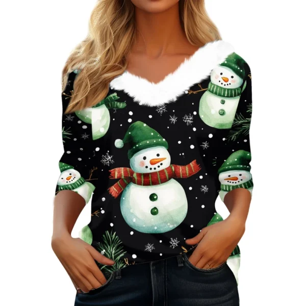 Women's Party Fleece Collar Shirt T Shirt Christmas Long Sleeve V Neck Top - Image 8
