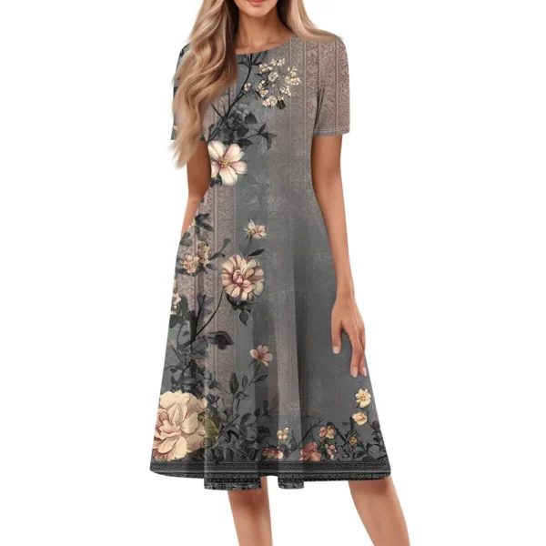 Women's Loose Casual And Fashionable Round Neck Short Sleeved Printed Mid - Image 7