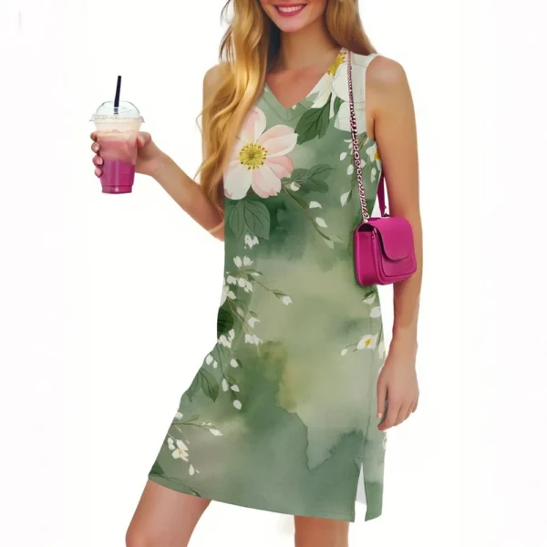 Women's Casual Fashion Sexy V-neck Sleeveless Floral Hem Slit Dress - Image 28