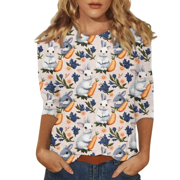Women's Tops Easter Fashion Basic 3/4 Sleeve Printed Plus Size Casual Pullover - Image 26