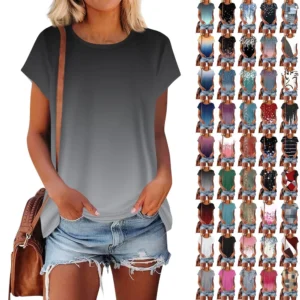 Women's Short Sleeve T Shirts Round Neck Tunic Tops Basic Loose Fit Pullover.
