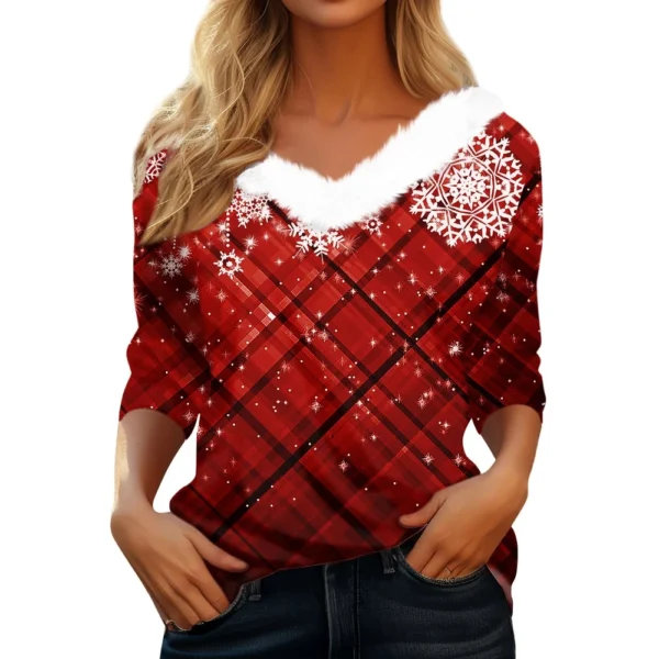 Women's V Neck Christmas Party Top Fleece Collar Shirt Long Sleeve T Shirt - Image 32