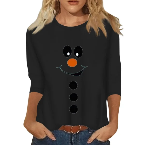 Women's Christmas Casual Round Neck T-Shirt Printed 3/4 Sleeve Loose Ladies Top - Image 7