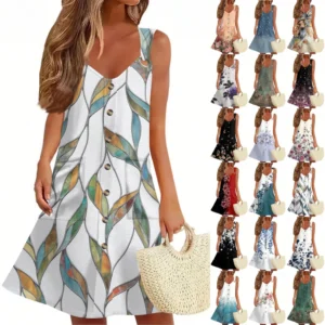 Women's Summer Dress With Pocket Sleeveless Floral Print Sundress