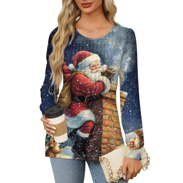 Women's Printed Christmas Top Round Neck Casual Pleated Long Sleeved T-Shirt - Image 13