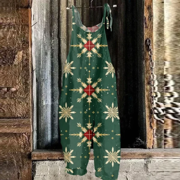 Women's Shoulder Strap Vintage Loose Print Casual Jumpsuit Christmas - Image 13