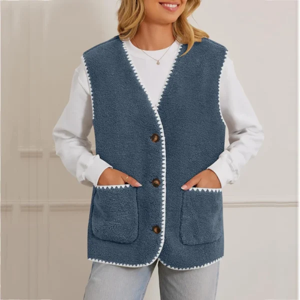 Women's Fuzzy Fleece Vest Sleeveless Colorblock Jacket Button Down Outerwear - Image 19