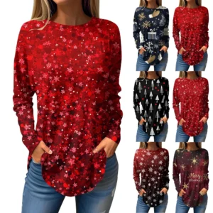 Women's Print Round Neck Christmas Loose T-Shirt Pullover Long Sleeve Top