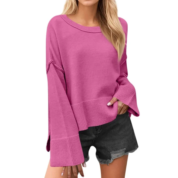 Women's Solid Color Round Neck Bell Sleeve Pullover Knitwear Fashion Short - Image 26