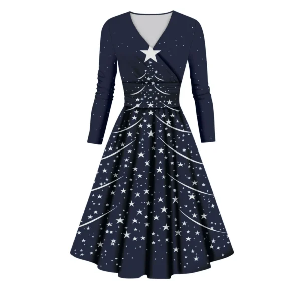 Women's Printed V-Neck Christmas Casual Fashion Long Sleeve Slim Dresses - Image 20