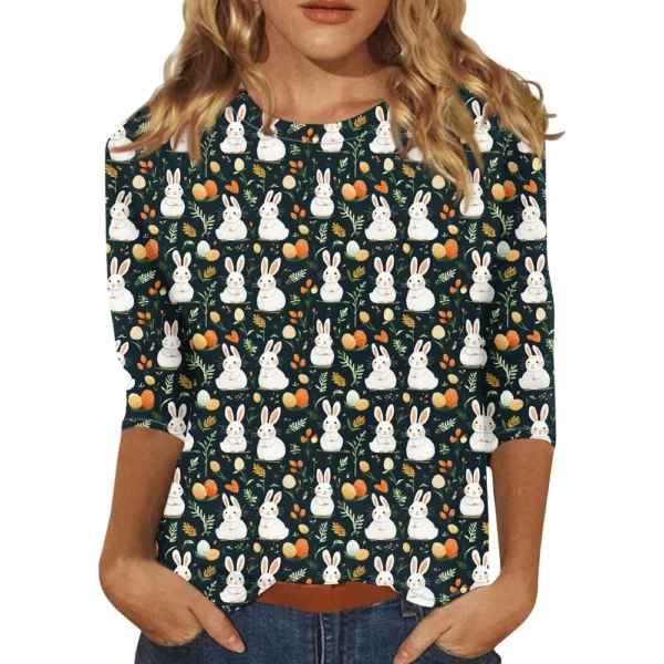 Women's Casual Round Neck Easter Egg Print Three-quarter Sleeve T-shirt Top - Image 23