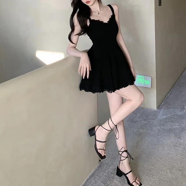 Women's V-neck Lace Patchwork Camisole Dress With Pleated A-line - Image 8
