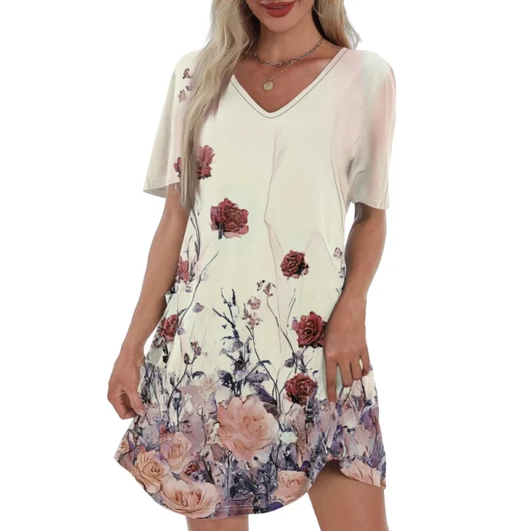 Women's Casual And Fashionable V-neck Short Sleeve Printing Mid Length Dress - Image 14