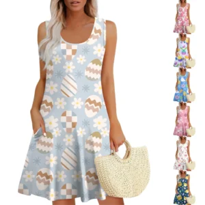 Womens Summer Dresses Easter Print  Loose U Neck Sleeveless Sundresses Dress