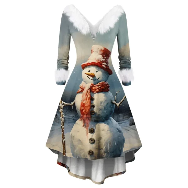Women's Fashion V-neck Casual Fit Christmas Print Party Long Sleeve Dress - Image 25
